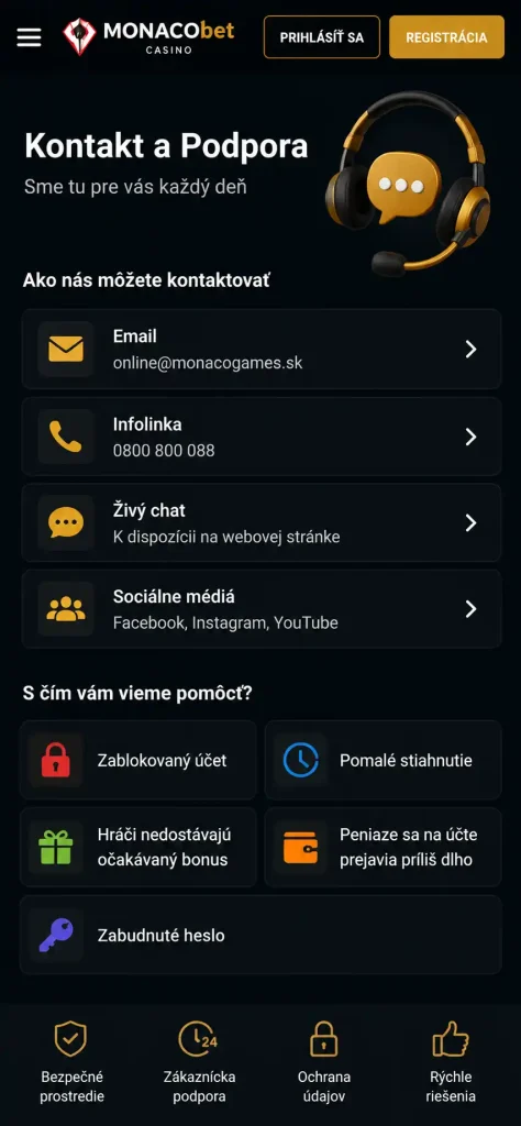 Kontakt a Podpora na Monaco Bet