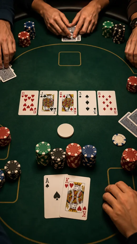Texas Hold'em poker na zielonym stole z kartami i żetonami