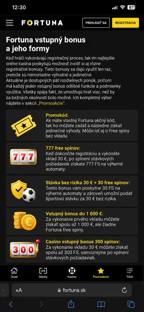 Fortuna vstupný bonus a jeho formy