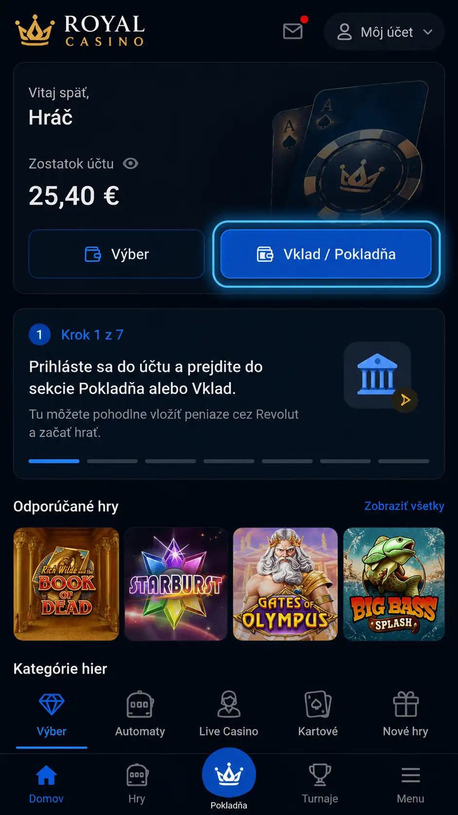 Prihláste sa do svojho kasínového účtu a prejdite do sekcie „Pokladňa" alebo „Vklad".