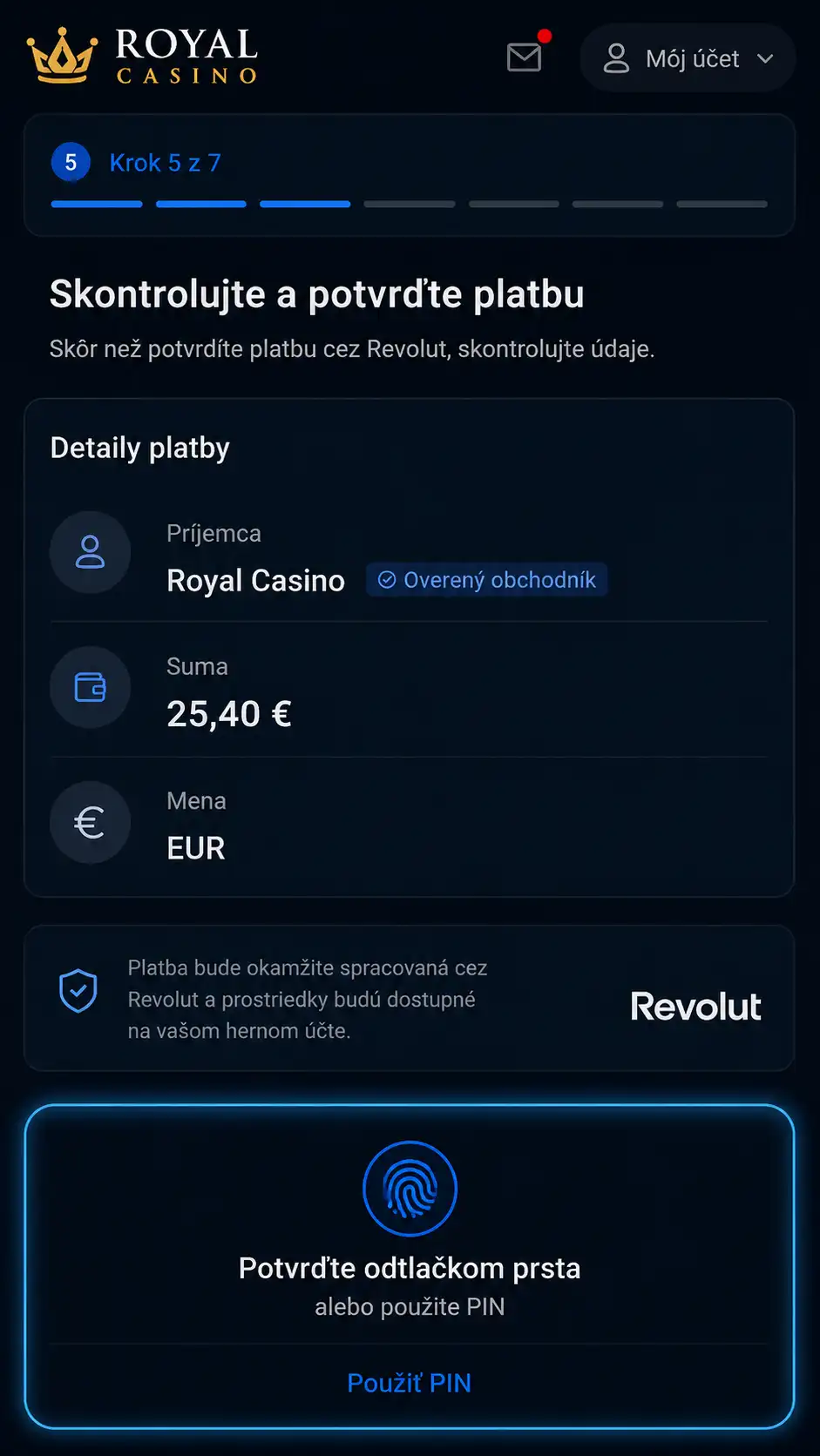 V aplikácii Revolut skontrolujte detaily transakcie (príjemca, suma, mena) a potvrďte biometriou alebo PIN kódom.
