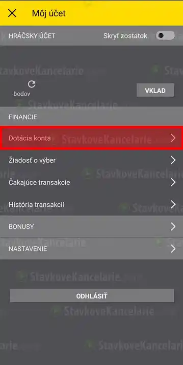 V profile otvorte menu a kliknite na Dotácia konta.
